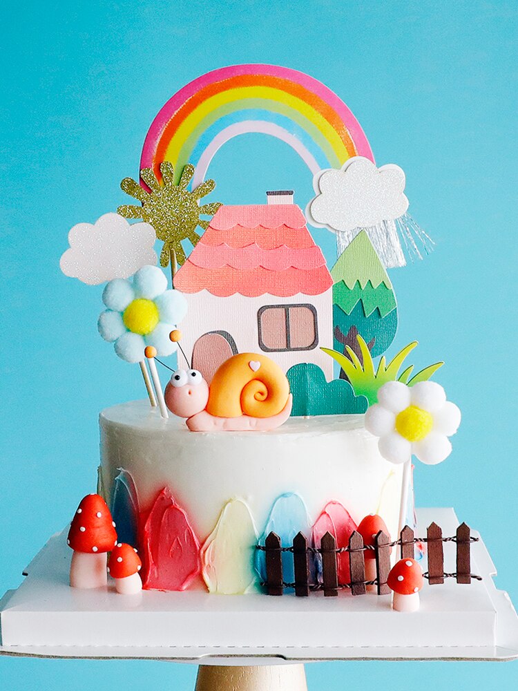 Farm animal snails Cake Topper Rainbow Sun House Kids Happy Birthday Party Cartoon Decoration 