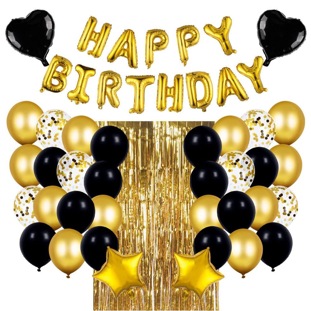 Black Gold Birthday Balloon Set Happy Foil Fringe Curtain Boy Men Baby Party Decoration 