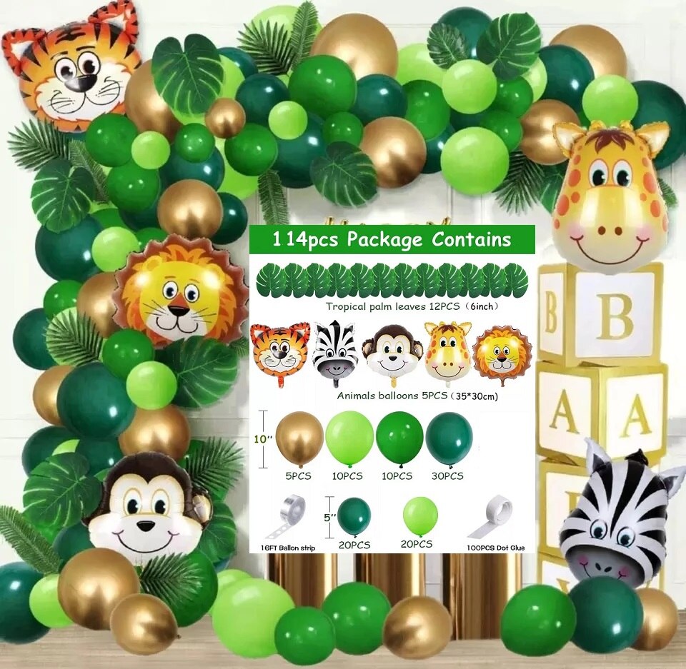 Jungle Wildlife Aluminum Foil Balloon Garland Baby Shower One Year Old Birthday Decoration Green Arch Kit Party Supplies Inflatable Decorations