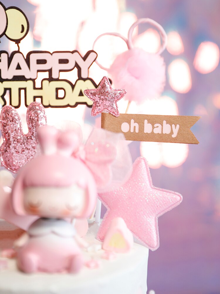 Lovely Cartoon Cake Topper Pink Girl Doll Soft pottery Rabbit Baby Birthday Happy Decoration Creative Flags Supplies 