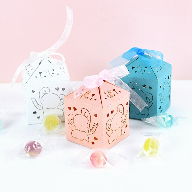 pcs Cute Elephant Laser Cut Candy Box Baby Shower Blue Pink Gift Packaging Boxes Ribbon Wedding Birthday Party Supplies 