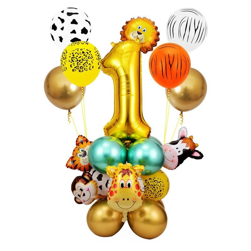 Cartoon Animal Balloon Column Set Giraffe Lion, Monkey Gold Number Foil Boy Girl Birthday Party Decoration 