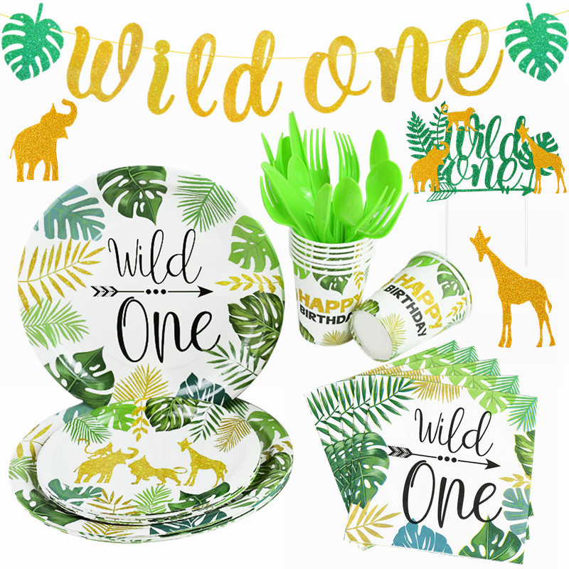 Jungle Animal Disposable Tableware Set Wild One Paper Plate Cup Napkin Green Forest Safari Theme Kids Birthday Party Decorations 