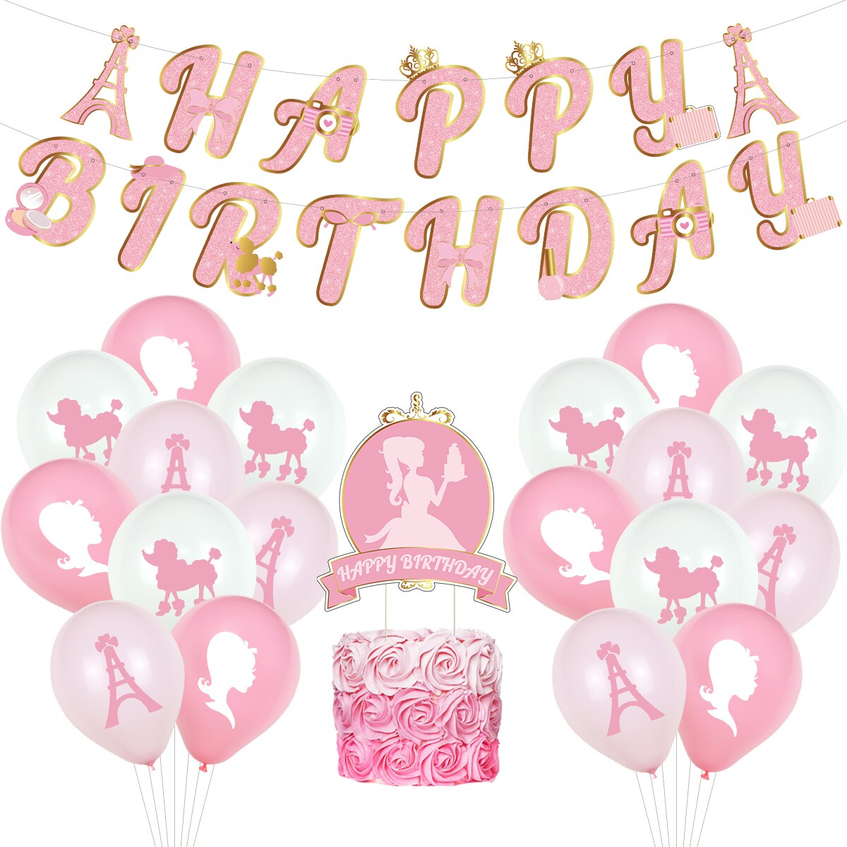 Fashion Girls Romantic Birthday Party Decoration Pink White Balloon Set Princess Print Banner Cake Topper Paper Honeycomb Ball 