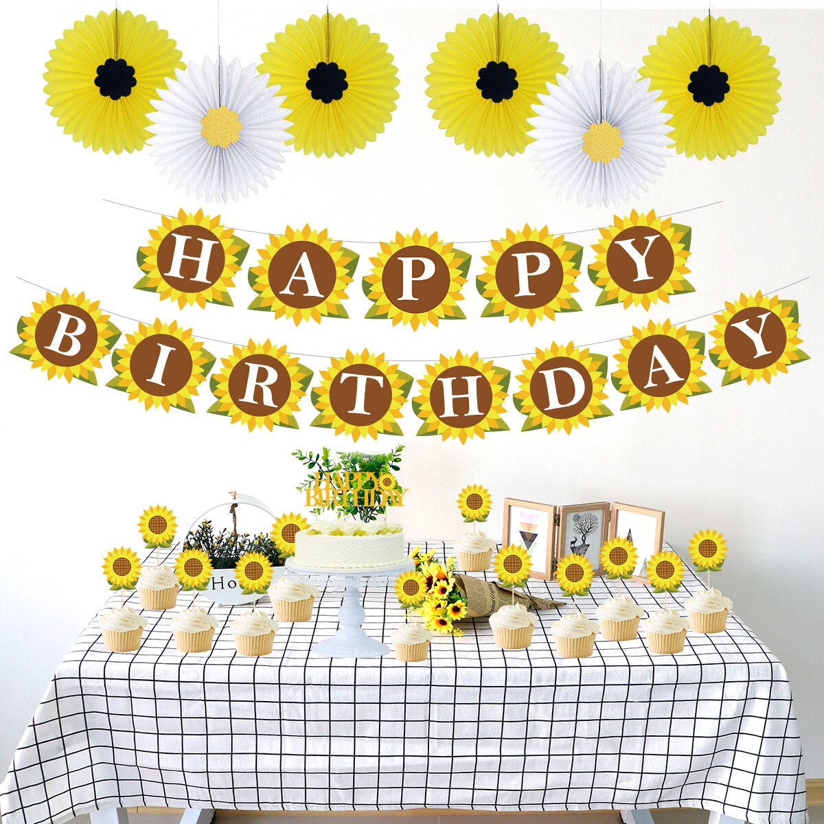 Sunflower Theme Party Decoration Set Banners Cupcake Toppers Yellow White Paper Fan Boys Girls Birthday Supplies 