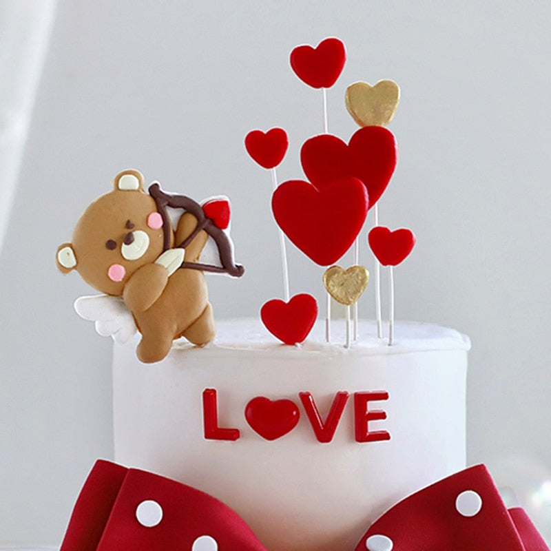 Valentine's Day Wedding Party Bear Red Bow Heart Cake Topper Decorations Love Pink Pearl Card Luminous Decor Doll Gifts 