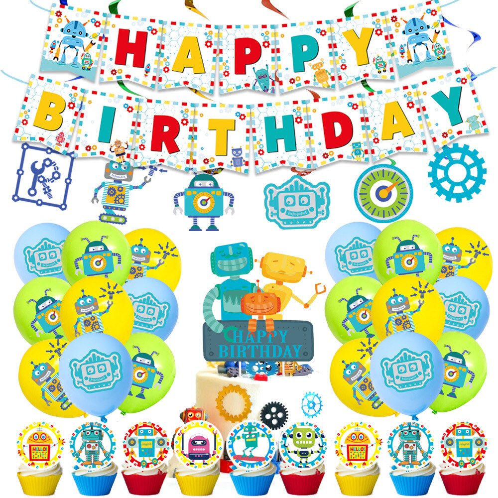 Robot Theme Children's Birthday Party Decoration Banner Cake Topper Balloon Hanging Swirls Boy Girl 