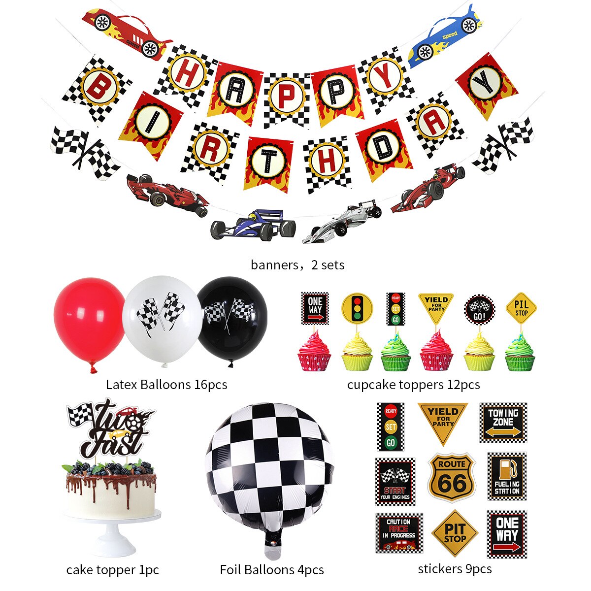 Racing Theme Birthday Party Decoration Black White Grid Balloon Set Boys Shape Cake Topper Sticker Banner 