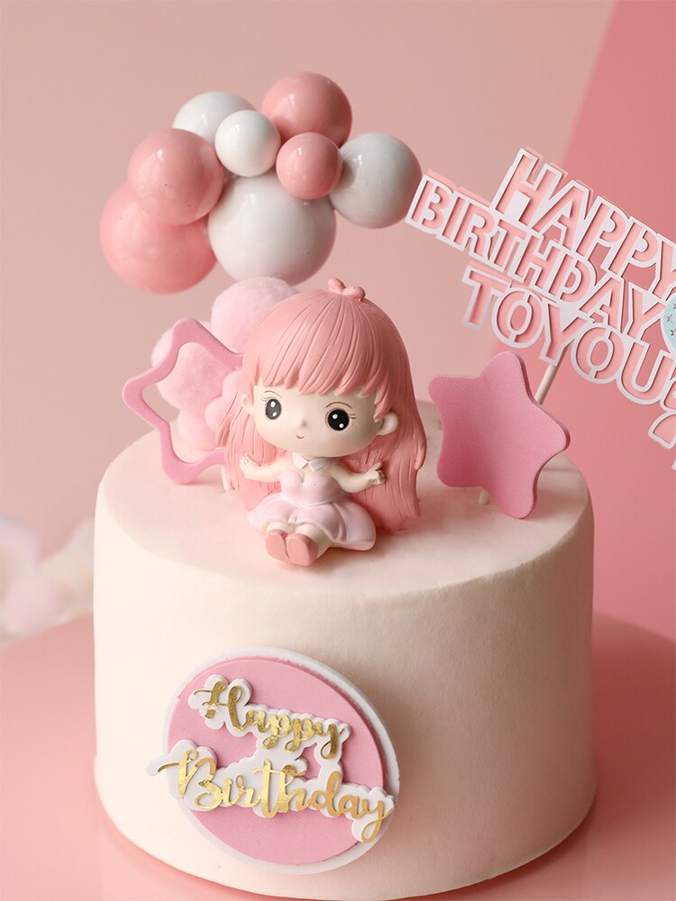 Pink Cartoon Girls Happy Birthday Cake Decoration Kid Baby Party Celebrate Lovely Gifts Dessert Topper Supplies 