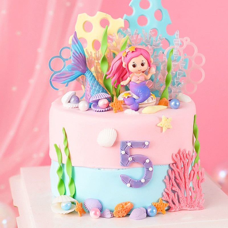 Baking Cake Decoration Luya Mermaid Princess Mermai Doll Decora Coral Seaweed Shell Ocean Theme Birthday Party Plugin 