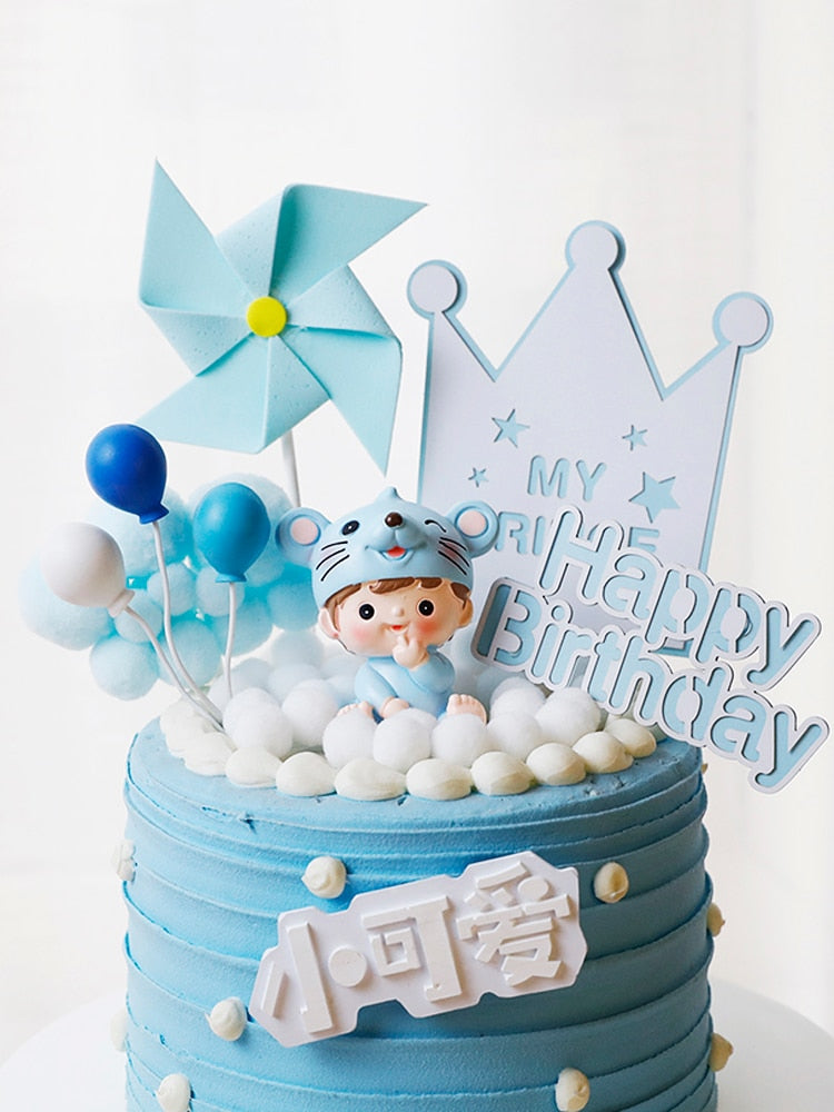 Mouse Boy Girl Windmill Pink Blue Cake Topper Kids Happy Birthday Party Decoration Baby Shower Supplies Lovely Gifts 