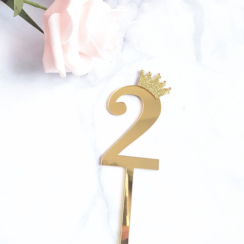 pcs/Lot Gold Number Cake Topper Bling Crown Birthday Party Cupcake Decoration New Creative Writing Baking Dessert Flags Theme 