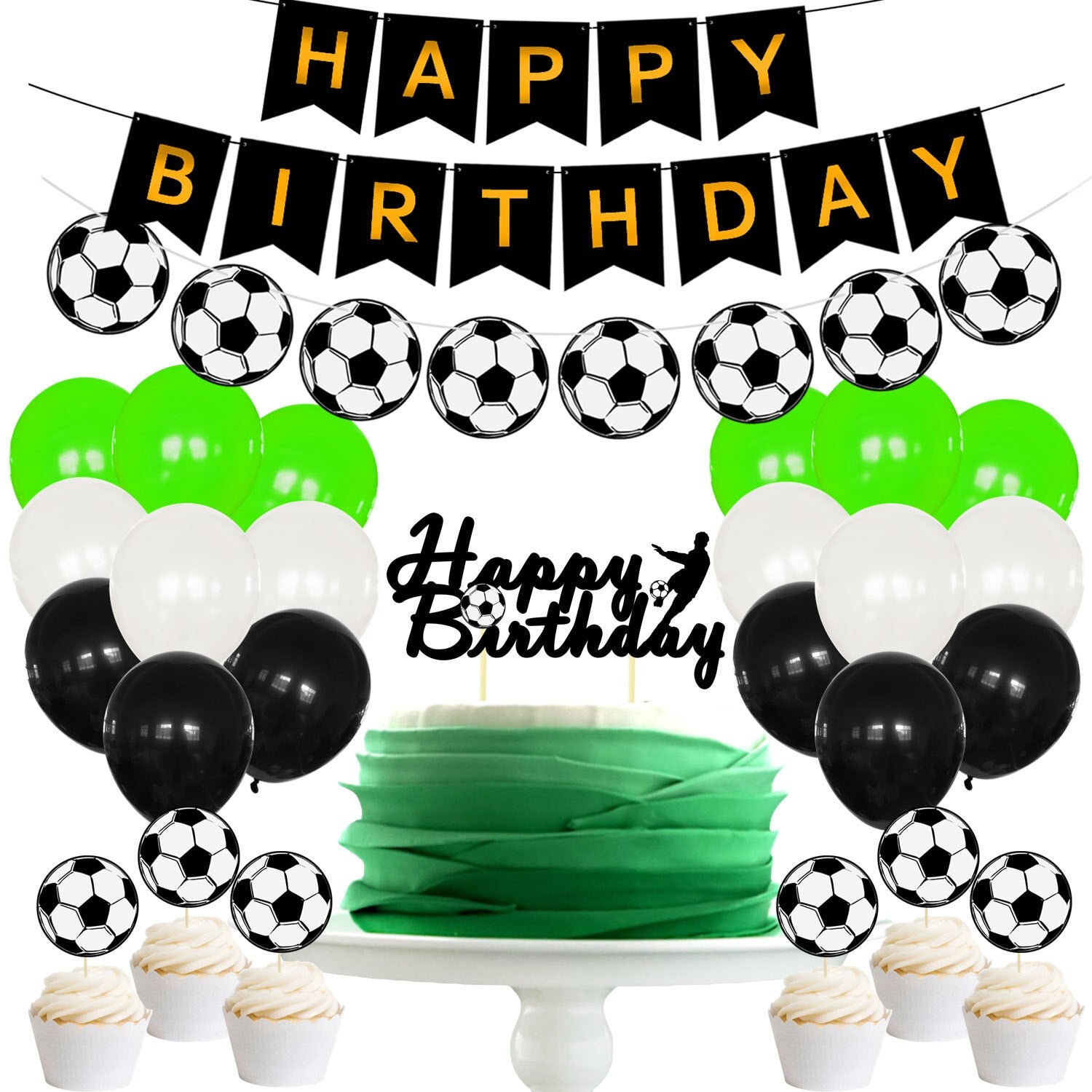 Green Black White Football Theme Party Decoration Boy Birthday Supplies Happy Banner Garland Cake Topper Inflatable Decorations