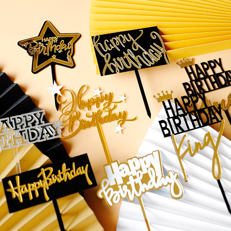 Acrylic Birthday Party Cake Topper Black Gold Girls Princess Happy Star Celebrate Dessert Baking Cakes Decoration 