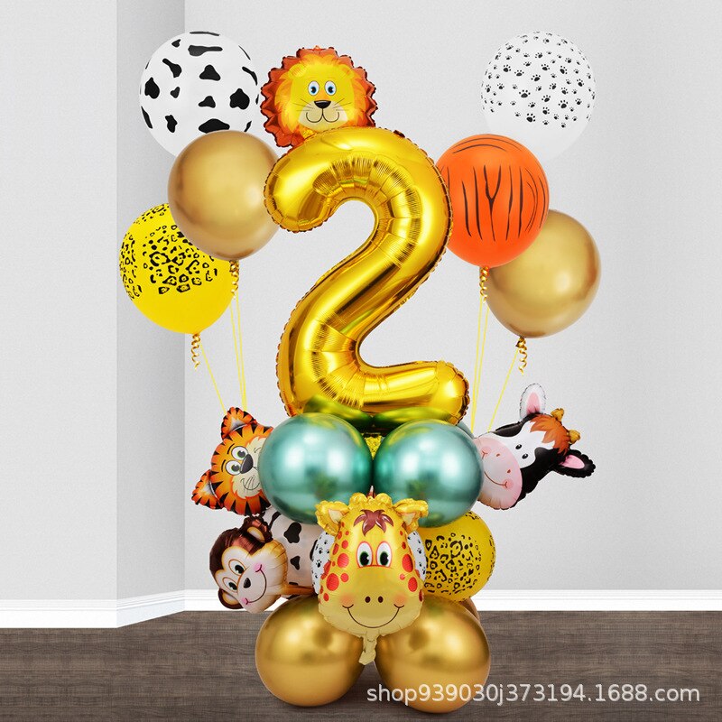 Cartoon Animal Balloon Column Set Giraffe Lion, Monkey Gold Number Foil Boy Girl Birthday Party Decoration 