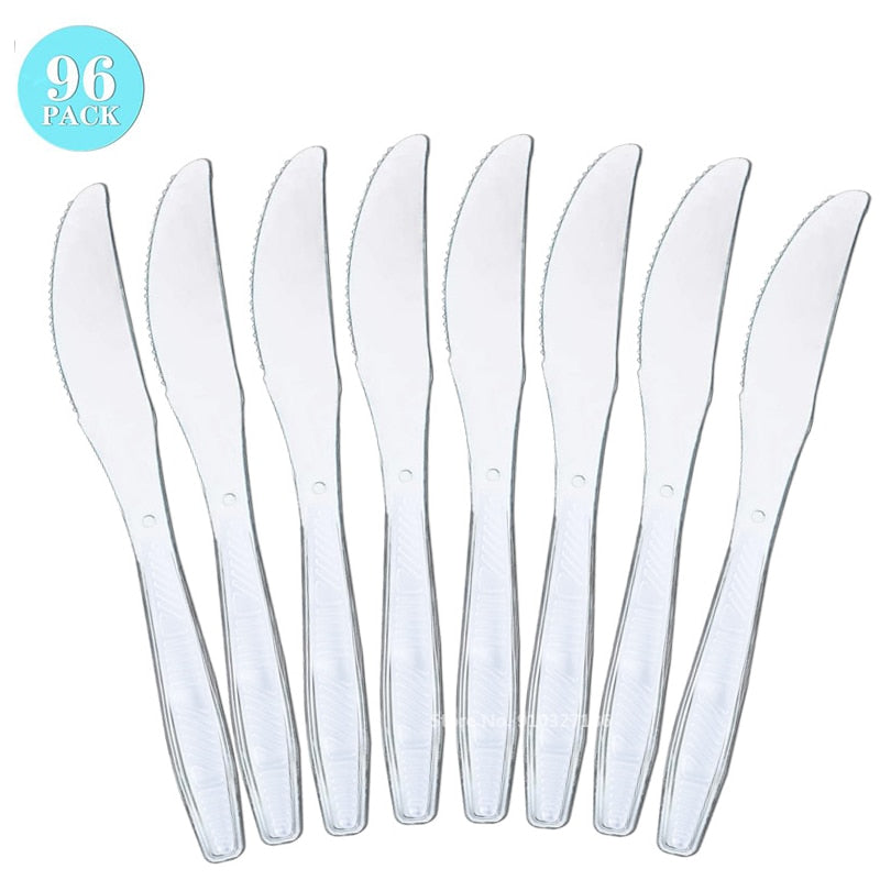 48/96/144/216pcs Plastic Cutlery Disposable Tableware Dinnerware Crystal Knife Fork Spoon For Party Household Supplies PartyDecorHQ