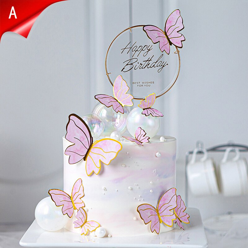 New Happy Birthday Cake Topper Butterfly Handmade Painted Decoration Tools Wedding Party Baby Shower 