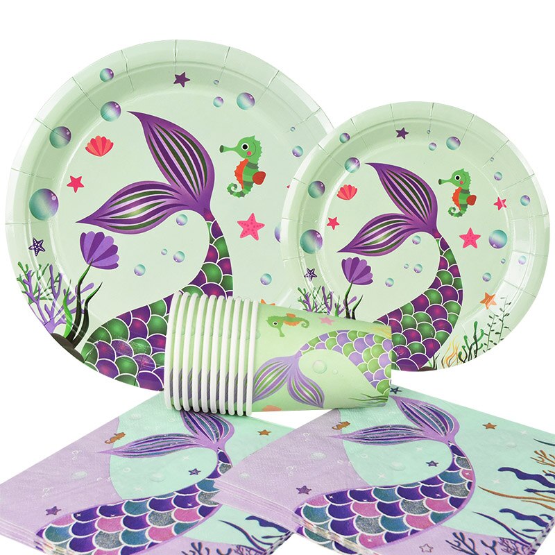 Set Mermaid Party Disposable Tableware Napkin Plates Cups Banner Baby Shower Favor Girls Birthday Decoration 