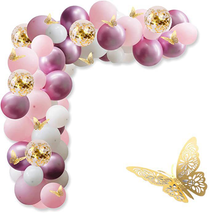 Pink Purple Balloon Garland Arch Kit Golden Confetti Butterfly Women Girl Wedding Birthday Party Decoration Inflatable Decorations