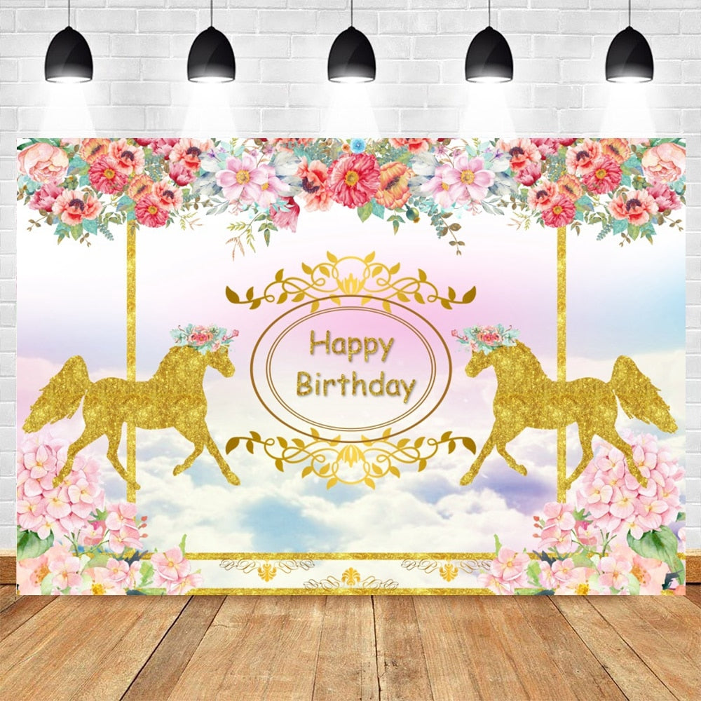 Happy Birthday Carousel Horse Photography Baby Party Decor Backdrop Photocall Background Photophone Photographic Photo Studio 