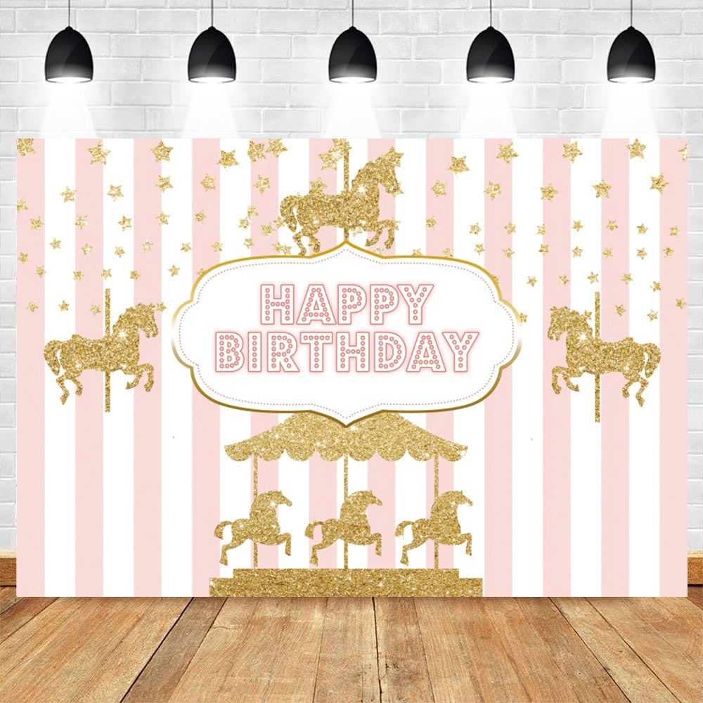 Happy Birthday Carousel Horse Photography Baby Party Decor Backdrop Photocall Background Photophone Photographic Photo Studio 