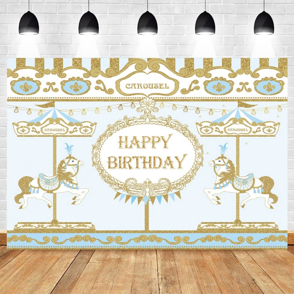 Happy Birthday Carousel Horse Photography Baby Party Decor Backdrop Photocall Background Photophone Photographic Photo Studio 