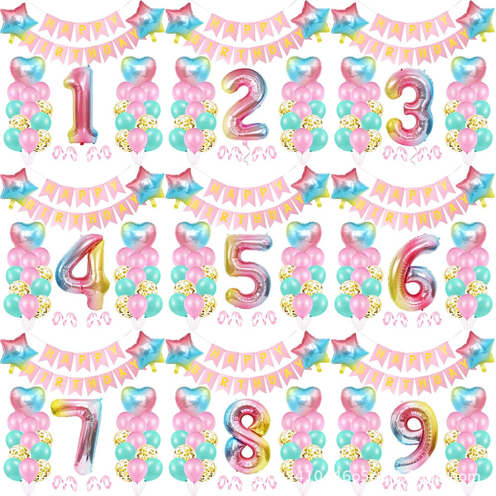 Gradient  Happy Birthday Balloon Set Decor 1-9 Years with Banner for Girls 1st 2nd 3rd Birthday Party Supplies Number Optional PartyDecorHQ