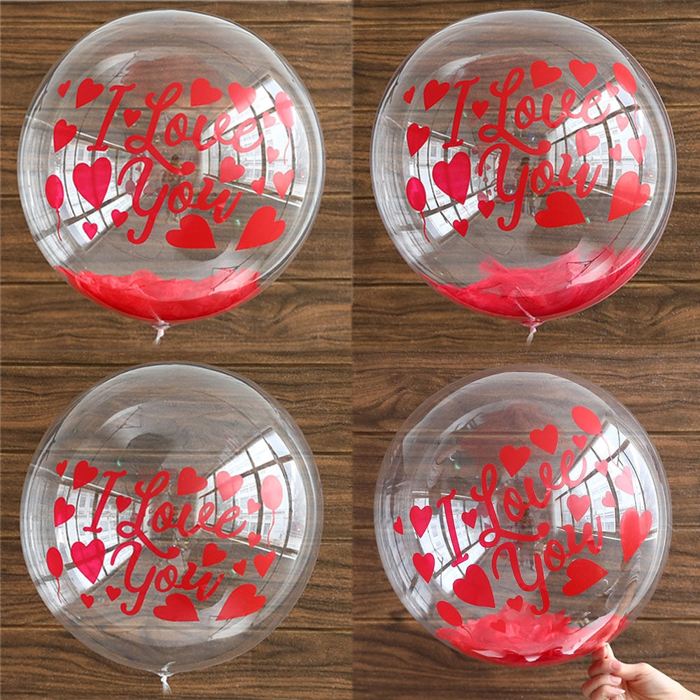 Set Red Rose Petal Feather Filling Transparent Bubble Balloons Sticker Valentines Day Gift Wedding Decorations Helium Ball 