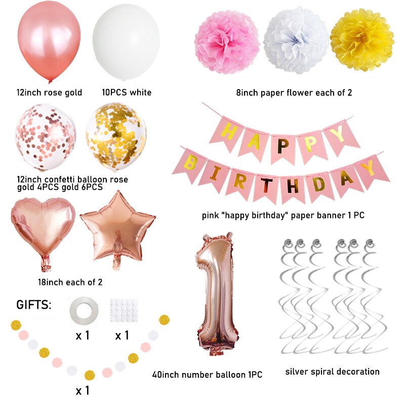 1st First Birthday party balloons Decoration Set Confetti Bolloon for girl 1 year old  Birthday Party Baby Shower Party Supplies PartyDecorHQ