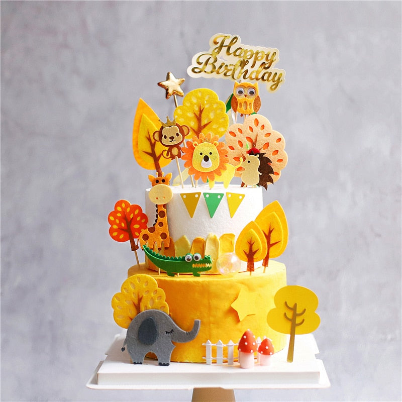 Cartoon Woodland Animals Lion Elephant Cake Topper Jungle Safari Cupcake Decor Cute Forest Loin Boy Birthday Hedgehog 