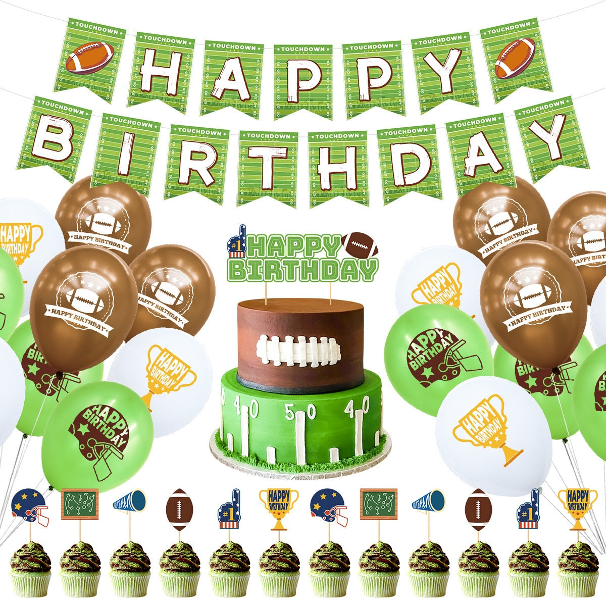 Rugby Theme Birthday Balloon Set Happy Banner Football Latex Cake Topper Boy Girl Party Decoration 