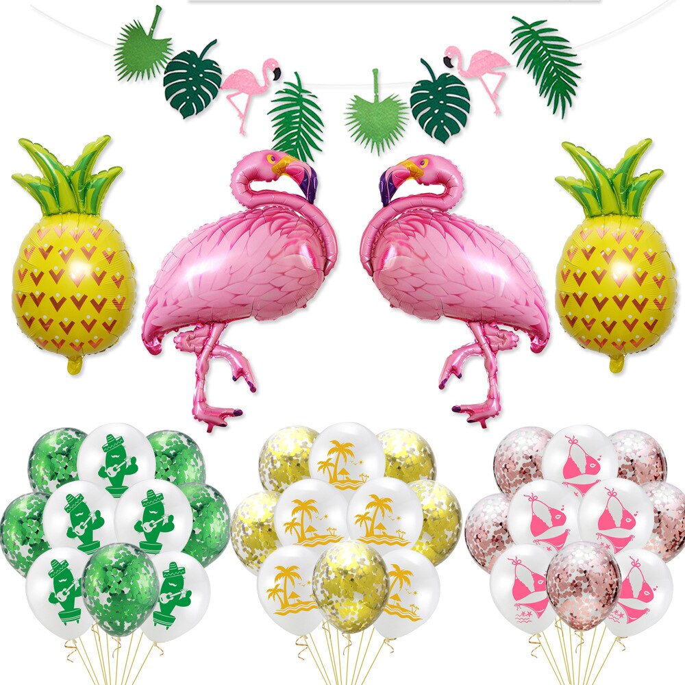 Hawaii Birthday Party Decoration Flamingo Pineapple Foil Balloon Palm Leaf Banner Girls Summer Baby Shower Supplies 