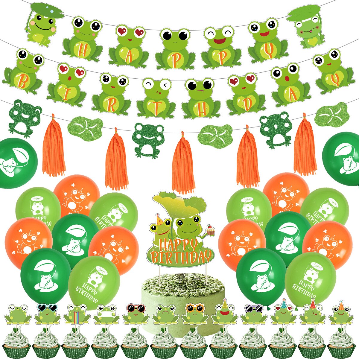 Frog Theme Birthday Party Decoration Frog Happy Birthday Banner Cake Topper Hanging Swirls Tassel Honeycomb Ornaments for Kids PartyDecorHQ