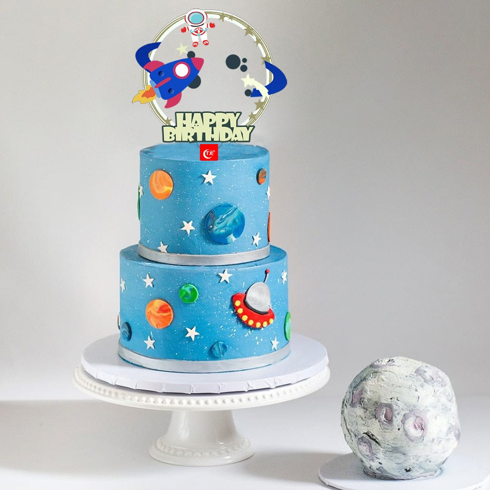 Planet Acrylic Happy Birthday Cake Toppers Transparent Astronaut Space Kids Party Cupcake Decorations 