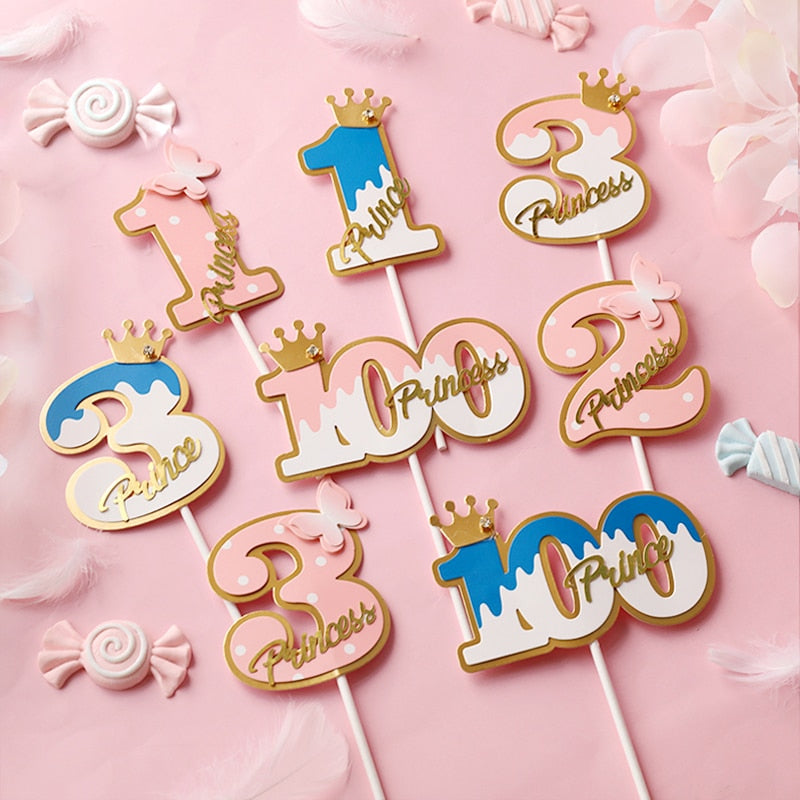 Number Cake Topper Decor Pink Blue Crown Butterfly Noble 1 2 3 Digit Baby Kid Happy Birthday Cake Decoration Dessert Supplies PartyDecorHQ