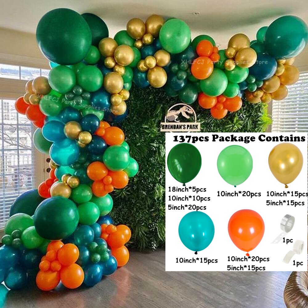 Jungle Safari Theme Party Balloon Garland Kit 137pcs Dark Green Gold Chrome Ballons Dinosaur Theme Birthday Party Decor Globos PartyDecorHQ