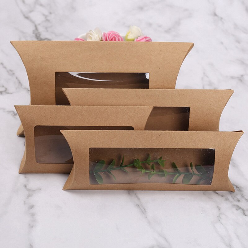 pcs Wedding Favor Candy Box Clear Window Pillow Shape Kraft Paper Chocolate Birthday Sweet Gift Packaging Bags 