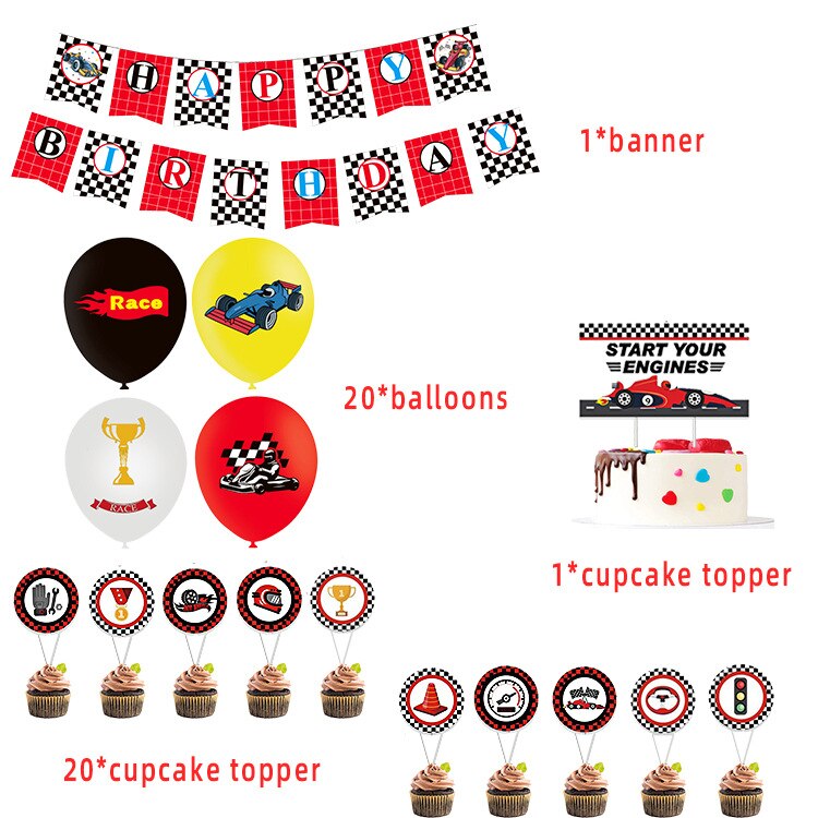 Racing Theme Birthday Party Decoration Balloon Set Red Black with Happy Birthday Banner Cake Topper for Kids Party Supplies PartyDecorHQ