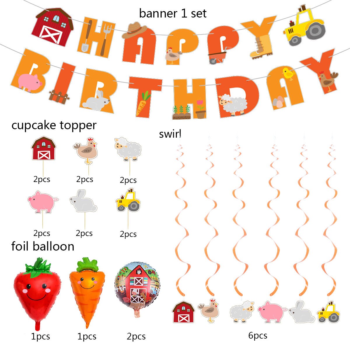 Farm Theme Happy Birthday Party Decoration Set Banners Animal Cake Toppers Strawberry Carrot Foil Balloon Kids Supplies 