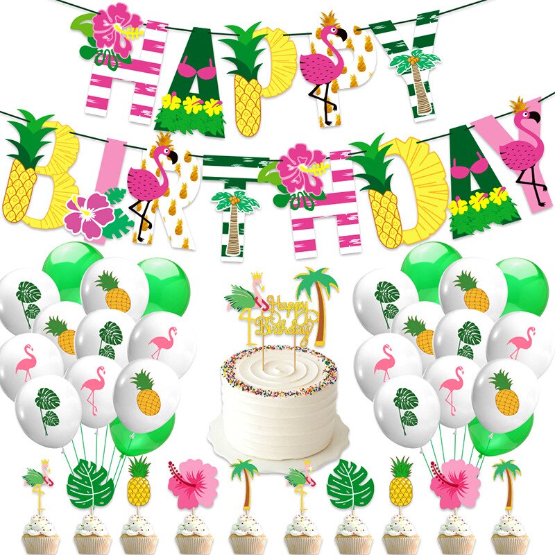 Hawaii Theme Birthday Party Decoration Happy Banner Flamingo Cake Topper Pineapple Balloon Girl 