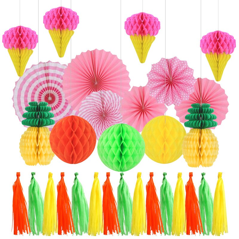 Summer Ice Cream Honeycomb Ball Decoration Set Paper Fan Flower Tassel Girl Birthday Baby Shower Party Supplies 