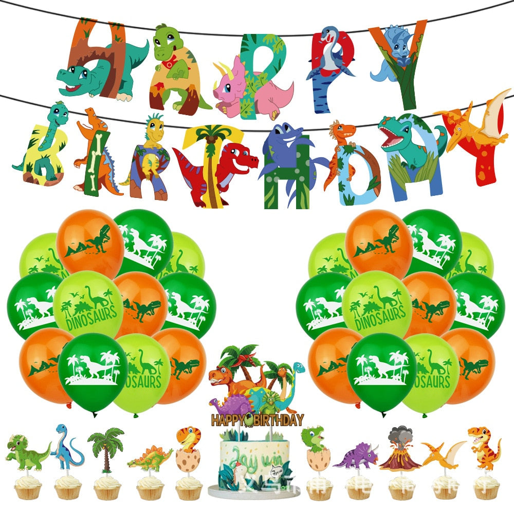 Dinosaur Theme Children's Birthday Party Decoration Balloon Set Banner Cake Topper Kids Boy Supplies 