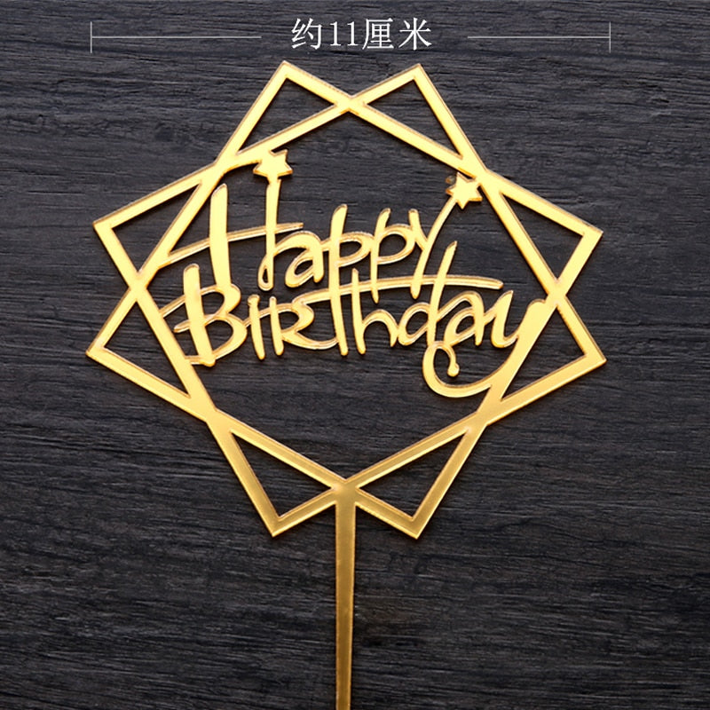 PC Happy Birthday Cake Topper Gold Black Silver Acrylic Flag Personalise happy birthday Letter Toppers Baking Decoration 