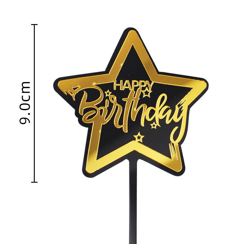 Acrylic Birthday Party Cake Topper Black Gold Girls Princess Happy Star Celebrate Dessert Baking Cakes Decoration 