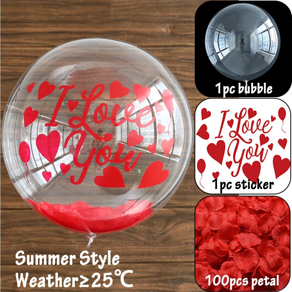 Set Red Rose Petal Feather Filling Transparent Bubble Balloons Sticker Valentines Day Gift Wedding Decorations Helium Ball 