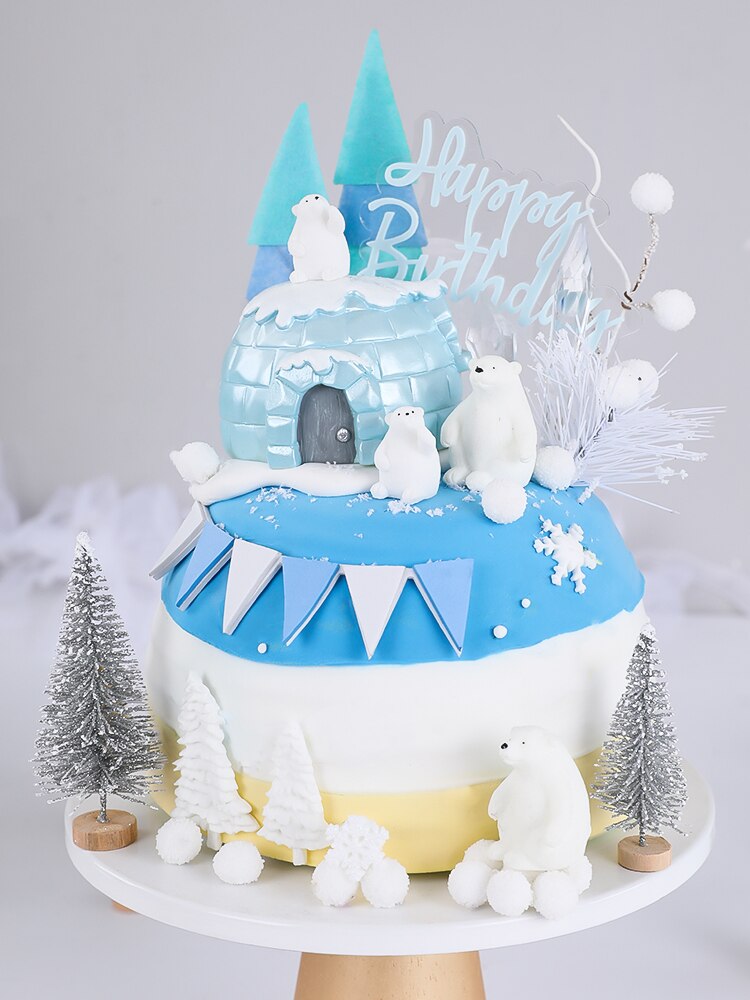 Polar Bear Theme Cake Topper Home Happy Birthday Merry Ice Snow Party Ornaments Dessert Baking Decorations Supplies 