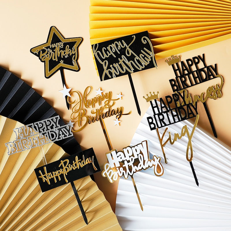 Acrylic Birthday Party Cake Topper Black Gold Girls Princess Happy Star Celebrate Dessert Baking Cakes Decoration 