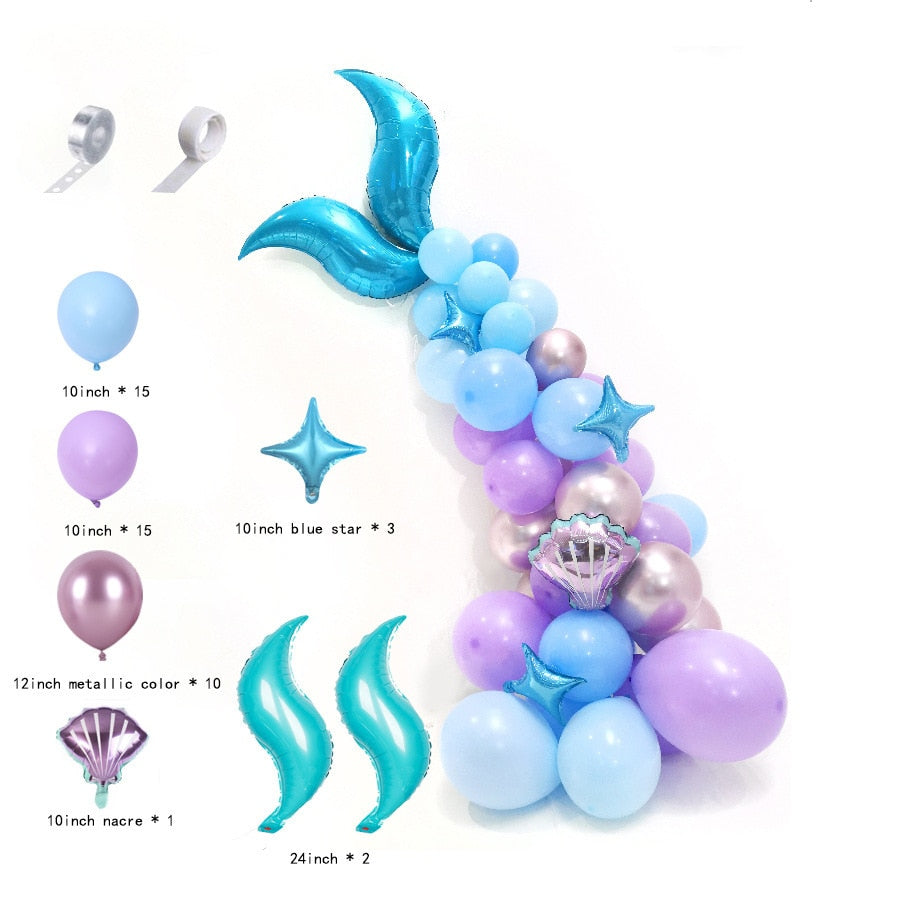 Mermaid Themed Party Decorations Purple Blue Balloons Set Girls Birthday Baby Shower Supplies Fishtail Foil Balloon 