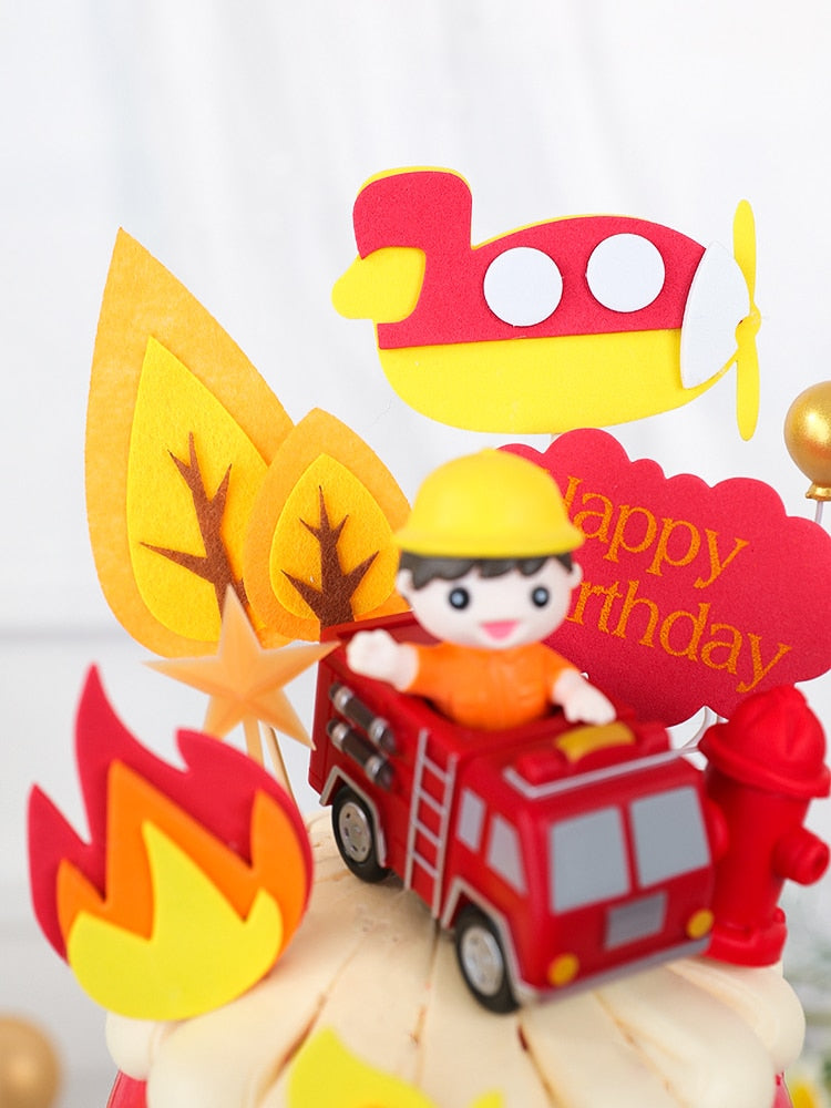 Cartoon Boy Fire truck Doll Ornaments Cake Topper Children's Birthday Party Extinguishing Hero Decoration Cakes Baking 