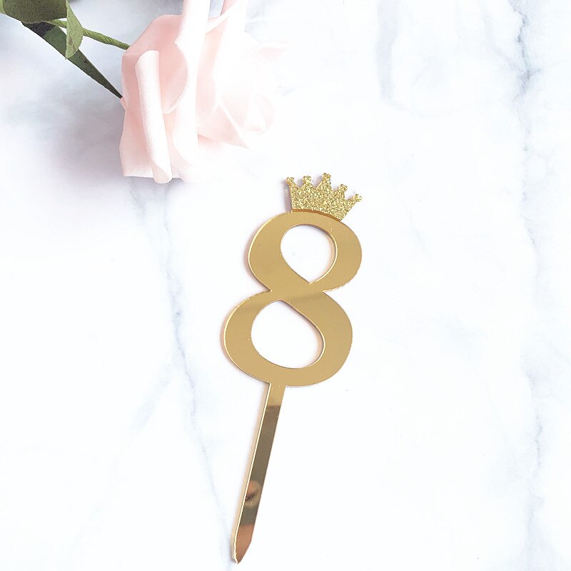 pcs/Lot Gold Number Cake Topper Bling Crown Birthday Party Cupcake Decoration New Creative Writing Baking Dessert Flags Theme 